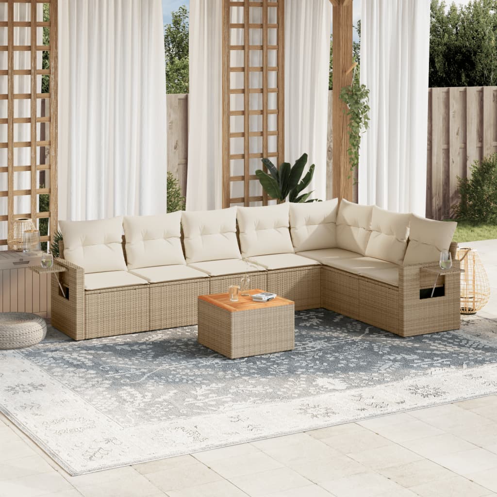 8-tlg. Garten-Sofagarnitur mit Kissen Beige Poly Rattan