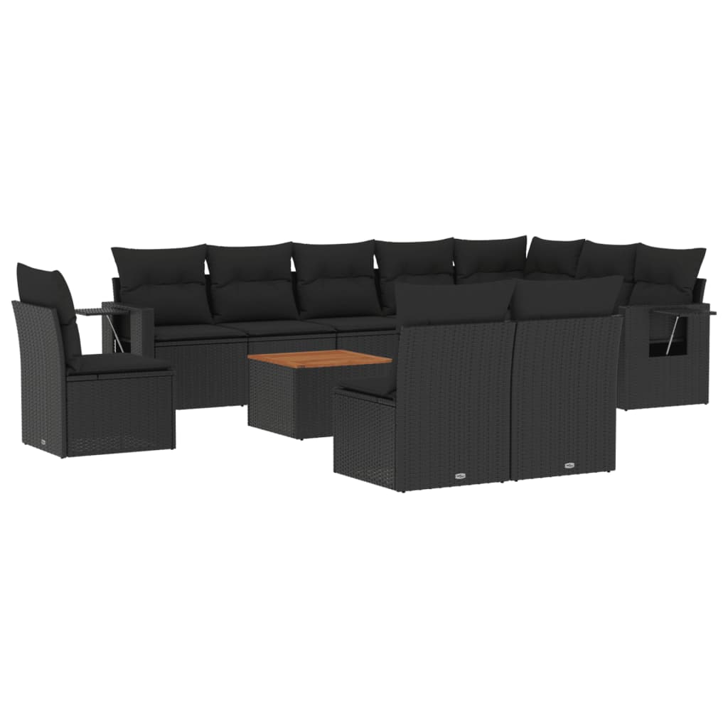 11-tlg. Garten-Sofagarnitur mit Kissen Schwarz Poly Rattan