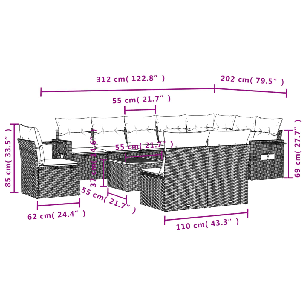 11-tlg. Garten-Sofagarnitur mit Kissen Grau Poly Rattan