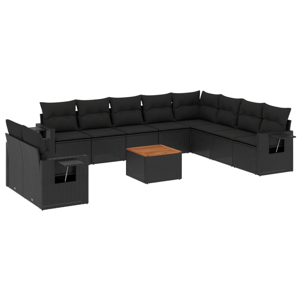 11-tlg. Garten-Sofagarnitur mit Kissen Schwarz Poly Rattan