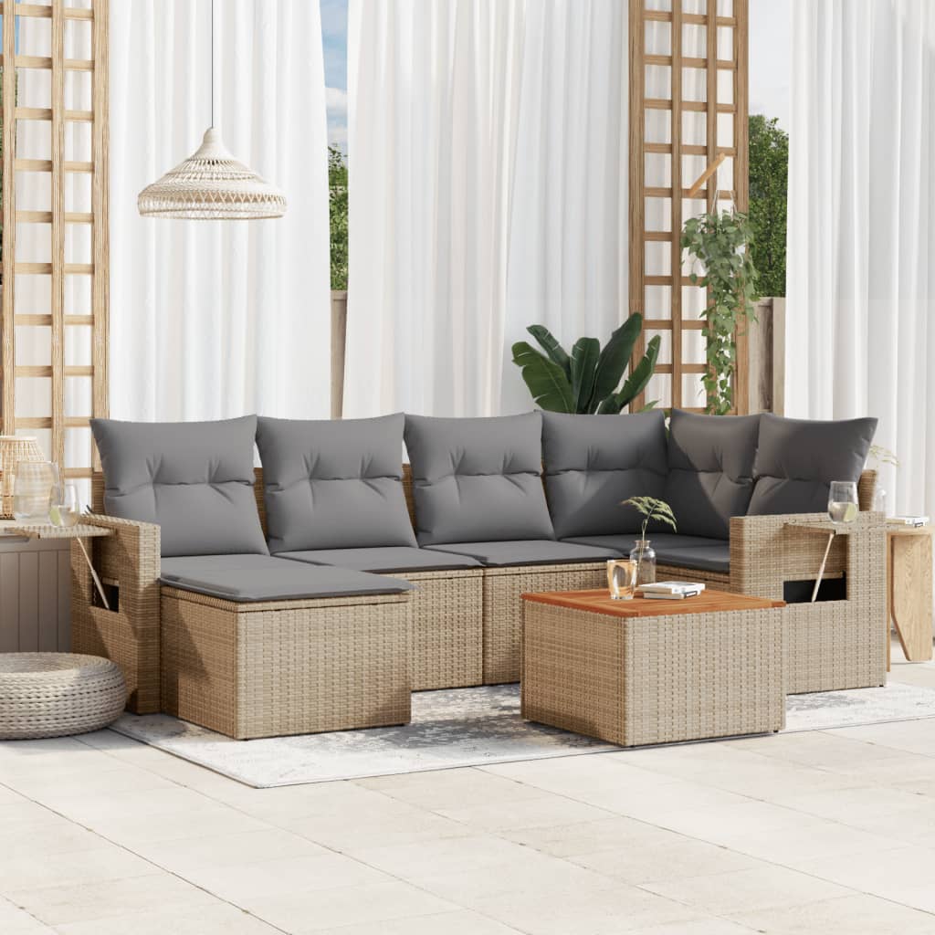 7-tlg. Garten-Sofagarnitur mit Kissen Beige Poly Rattan