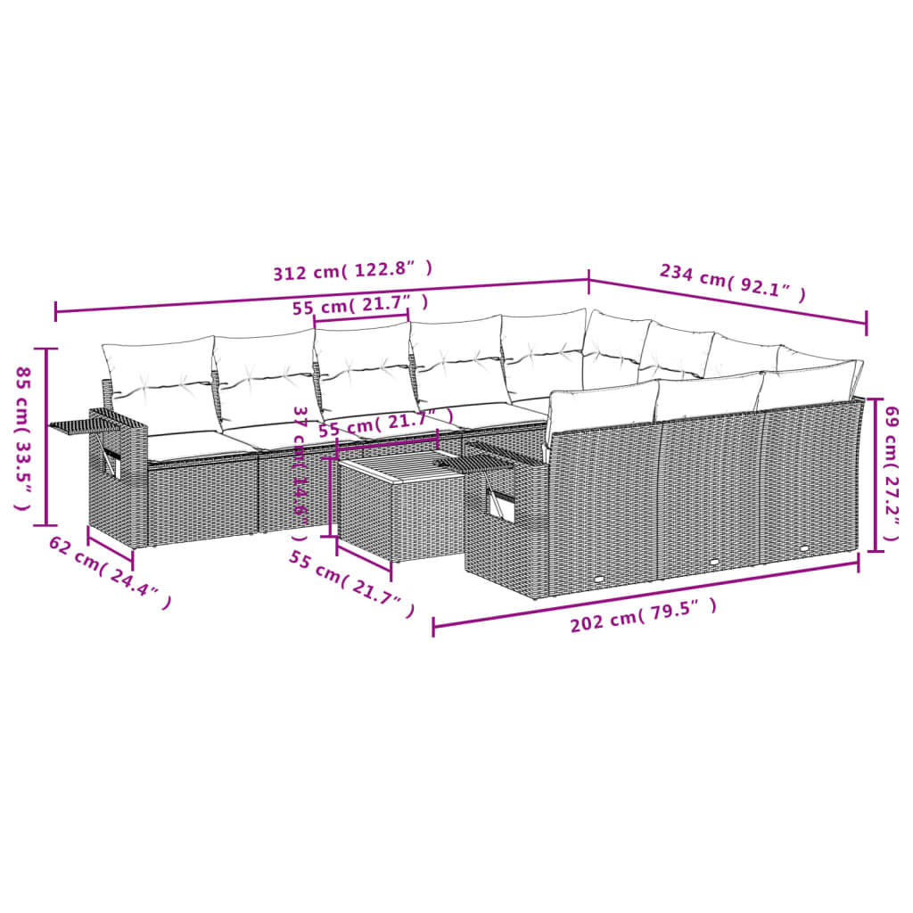 11-tlg. Garten-Sofagarnitur mit Kissen Schwarz Poly Rattan