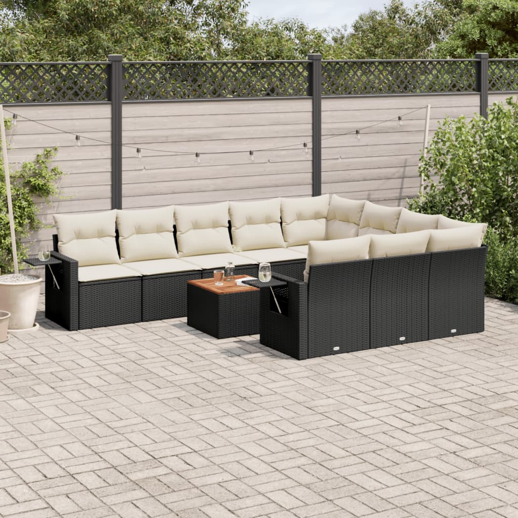 11-tlg. Garten-Sofagarnitur mit Kissen Schwarz Poly Rattan