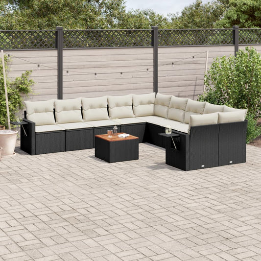 11-tlg. Garten-Sofagarnitur mit Kissen Schwarz Poly Rattan