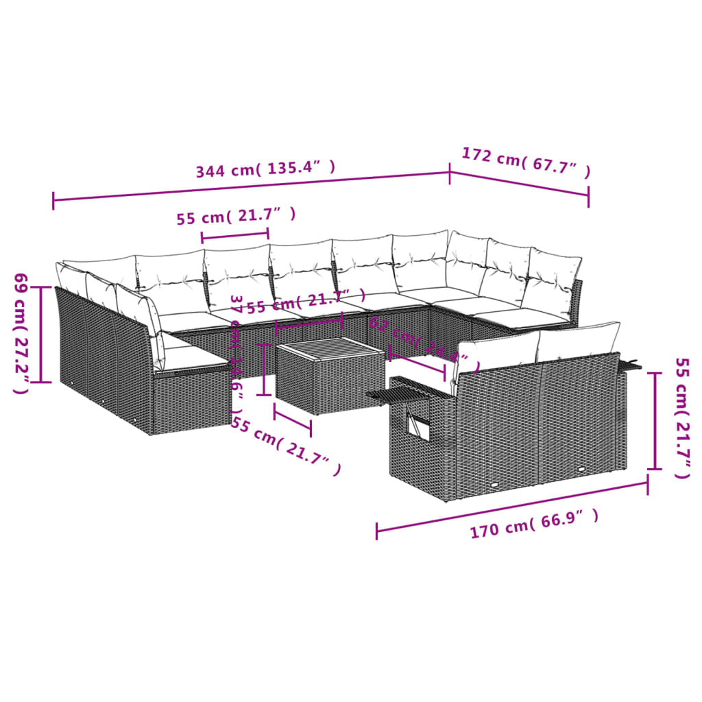 13-tlg. Garten-Sofagarnitur mit Kissen Schwarz Poly Rattan