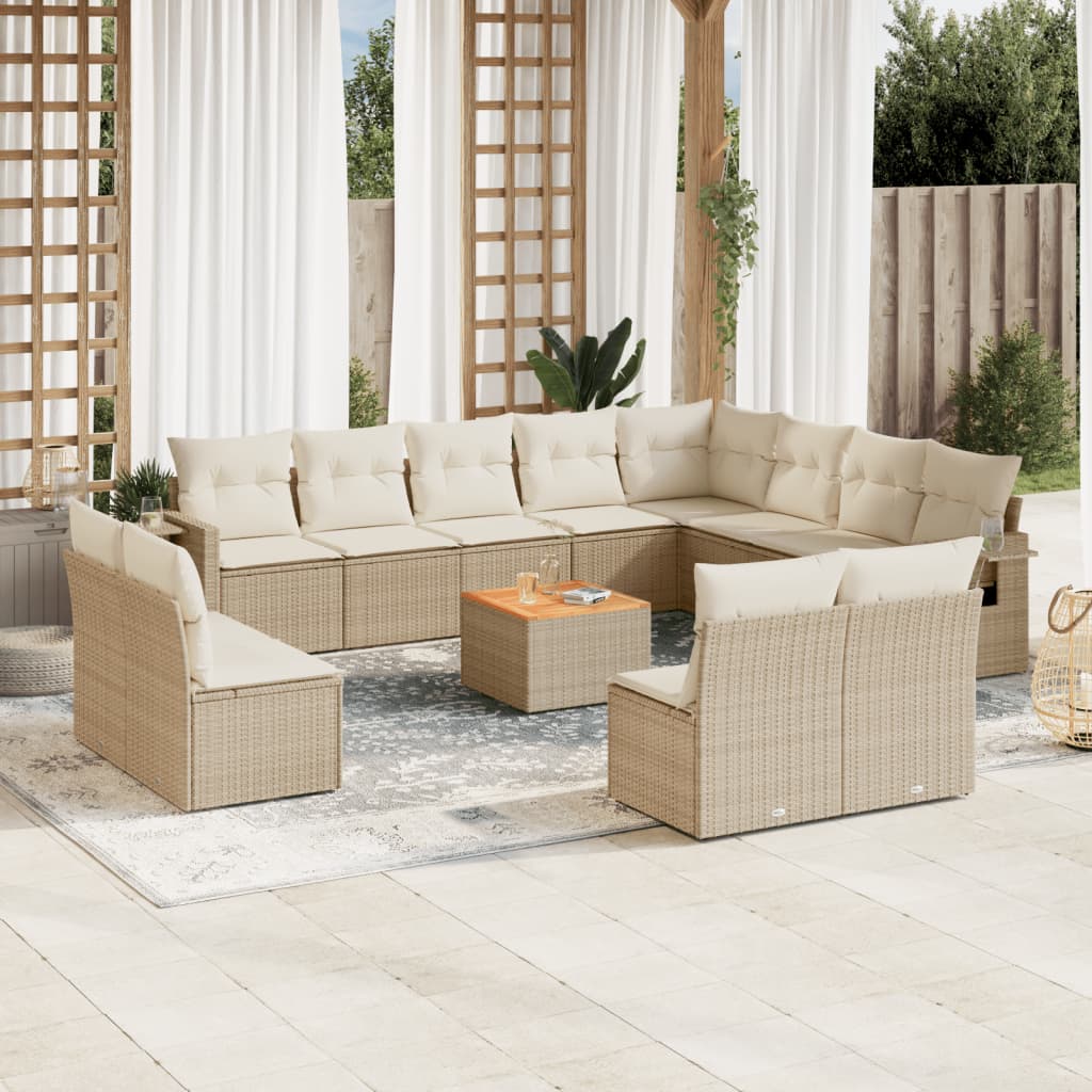 13-tlg. Garten-Sofagarnitur mit Kissen Beige Poly Rattan