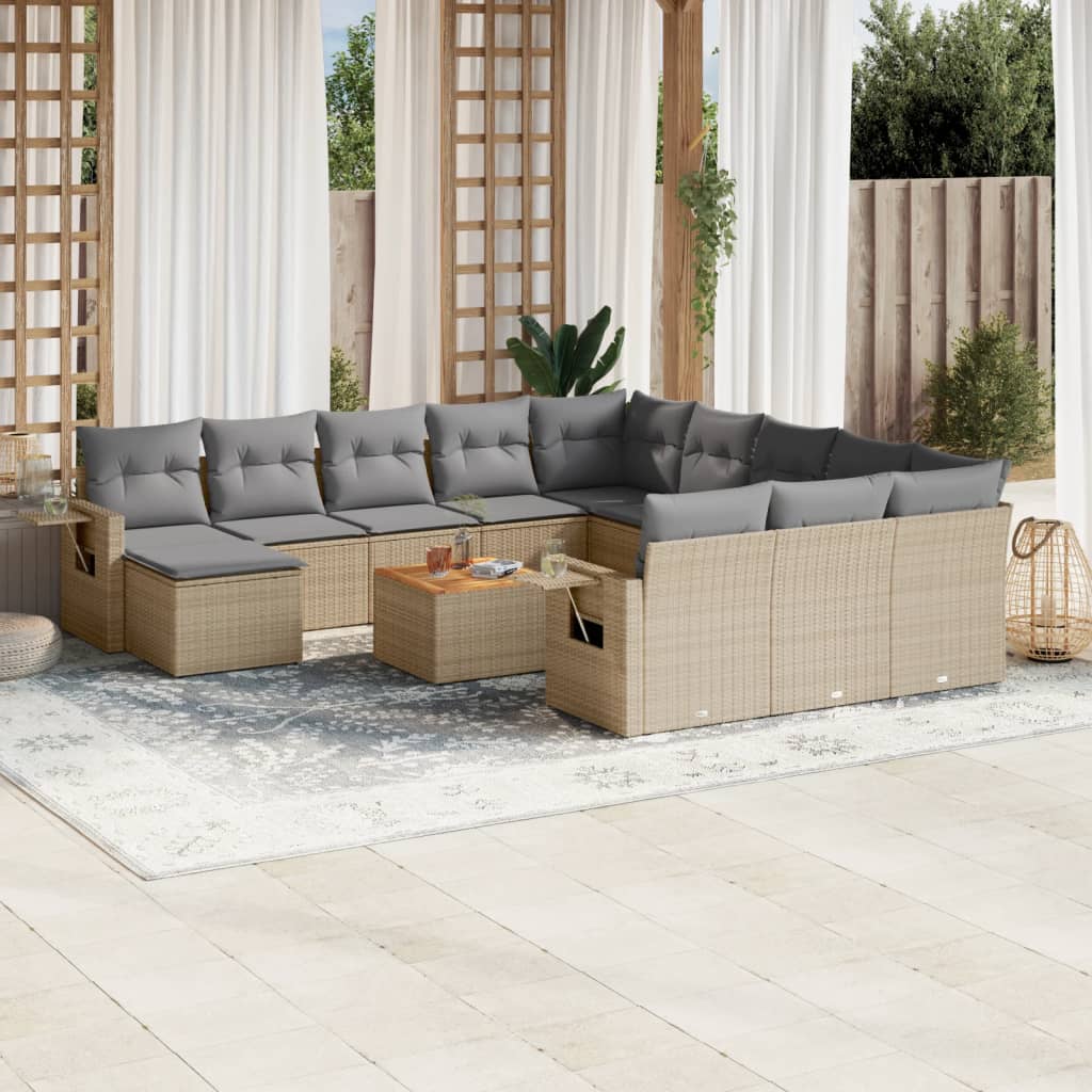 13-tlg. Garten-Sofagarnitur mit Kissen Beige Poly Rattan