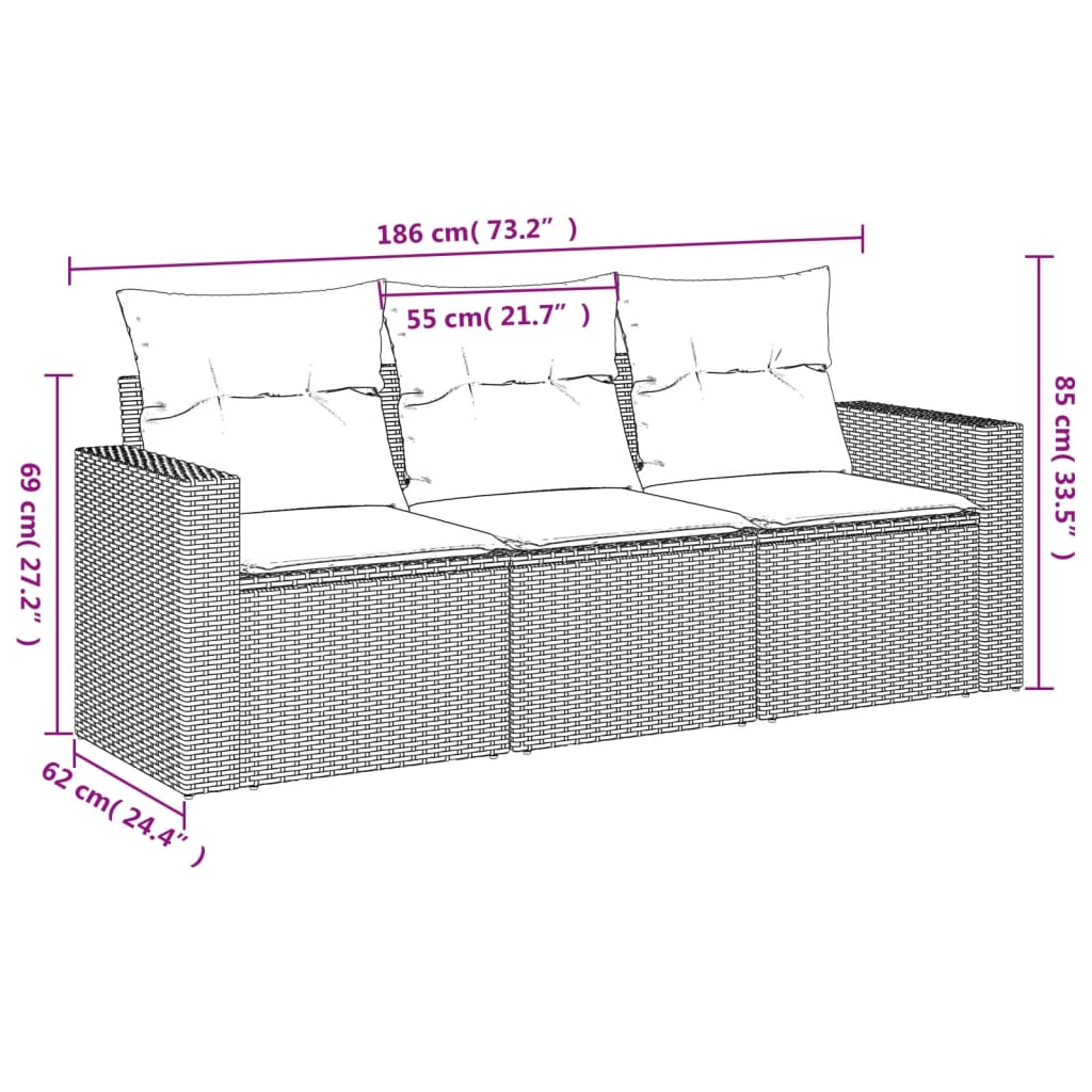 3-tlg. Garten-Sofagarnitur mit Kissen Grau Poly Rattan