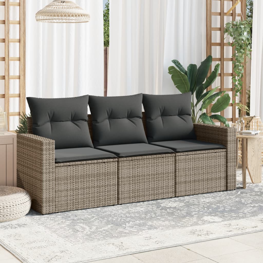 3-tlg. Garten-Sofagarnitur mit Kissen Grau Poly Rattan