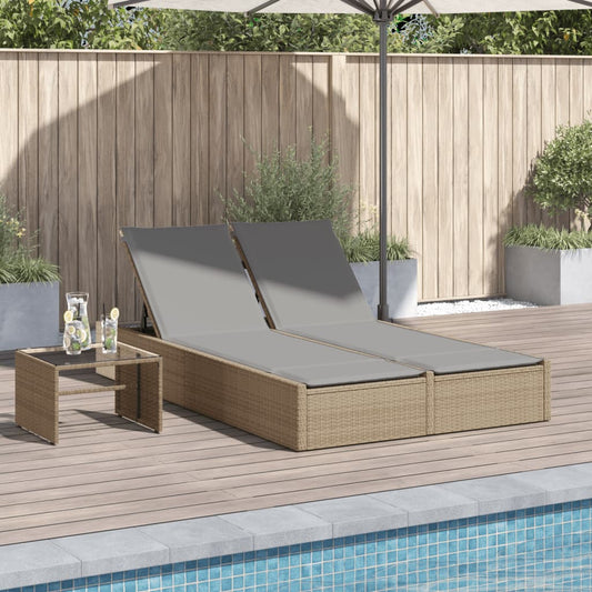 Doppel-Sonnenliege mit Auflagen Beige Poly Rattan