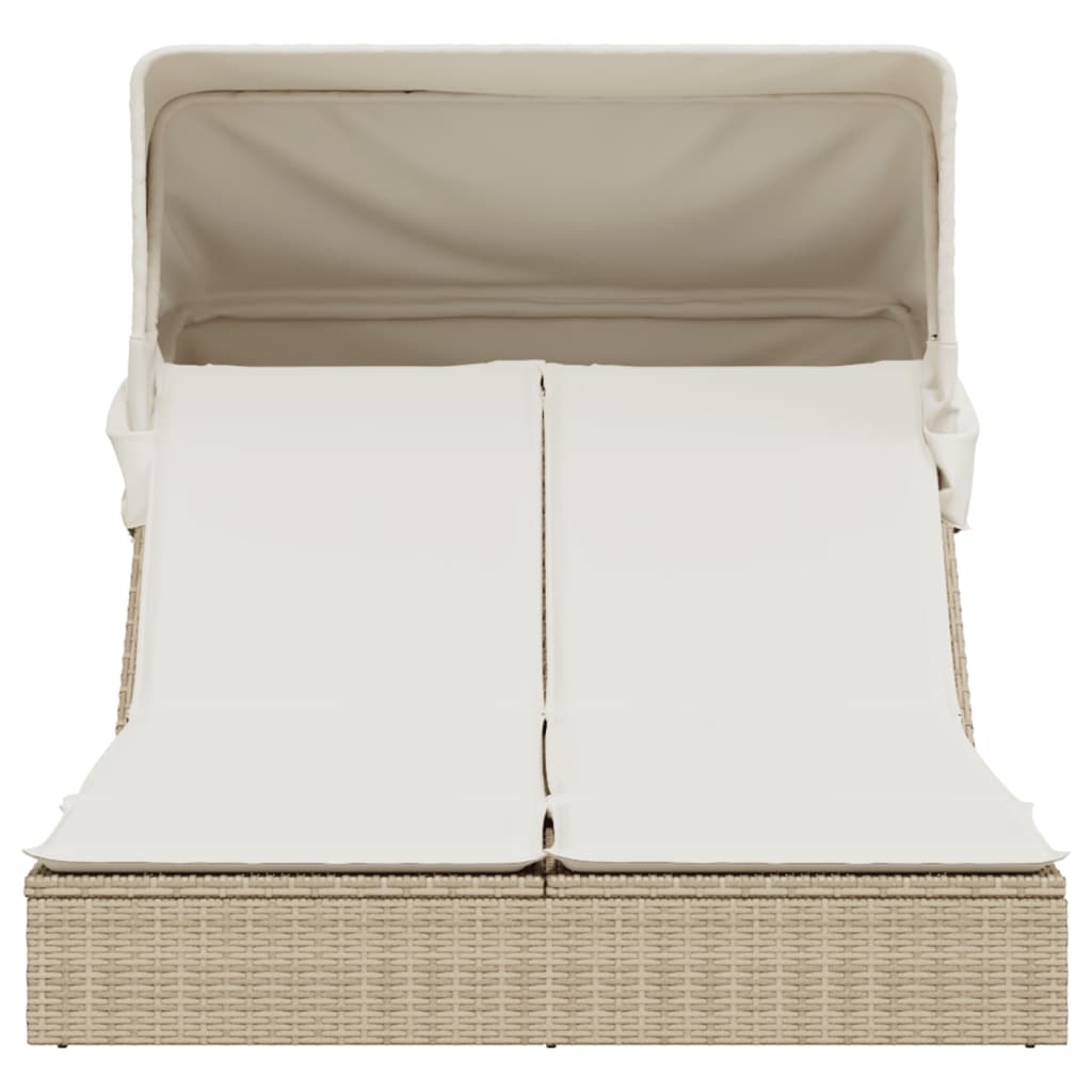 Doppel-Sonnenliege mit Dach und Auflagen Beige Poly Rattan