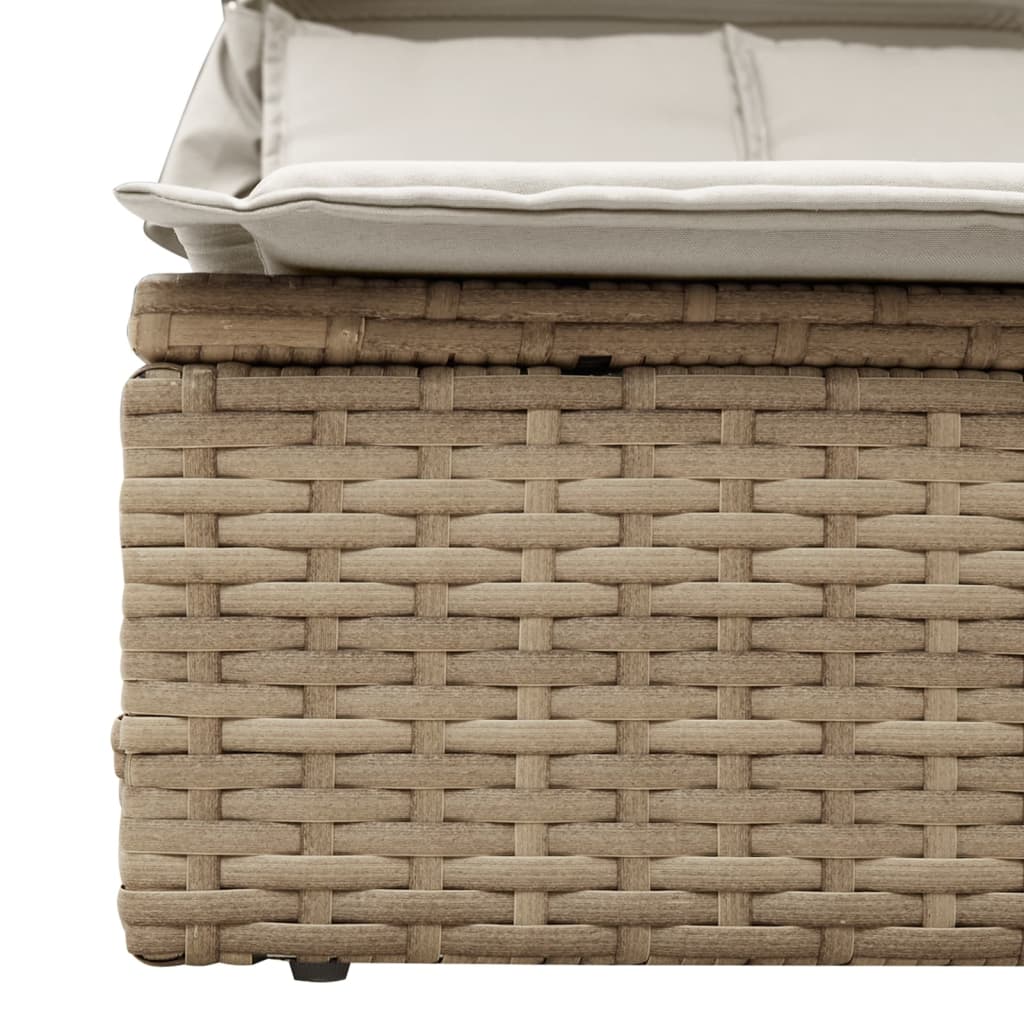 Doppel-Sonnenliege mit Dach und Auflagen Beige Poly Rattan