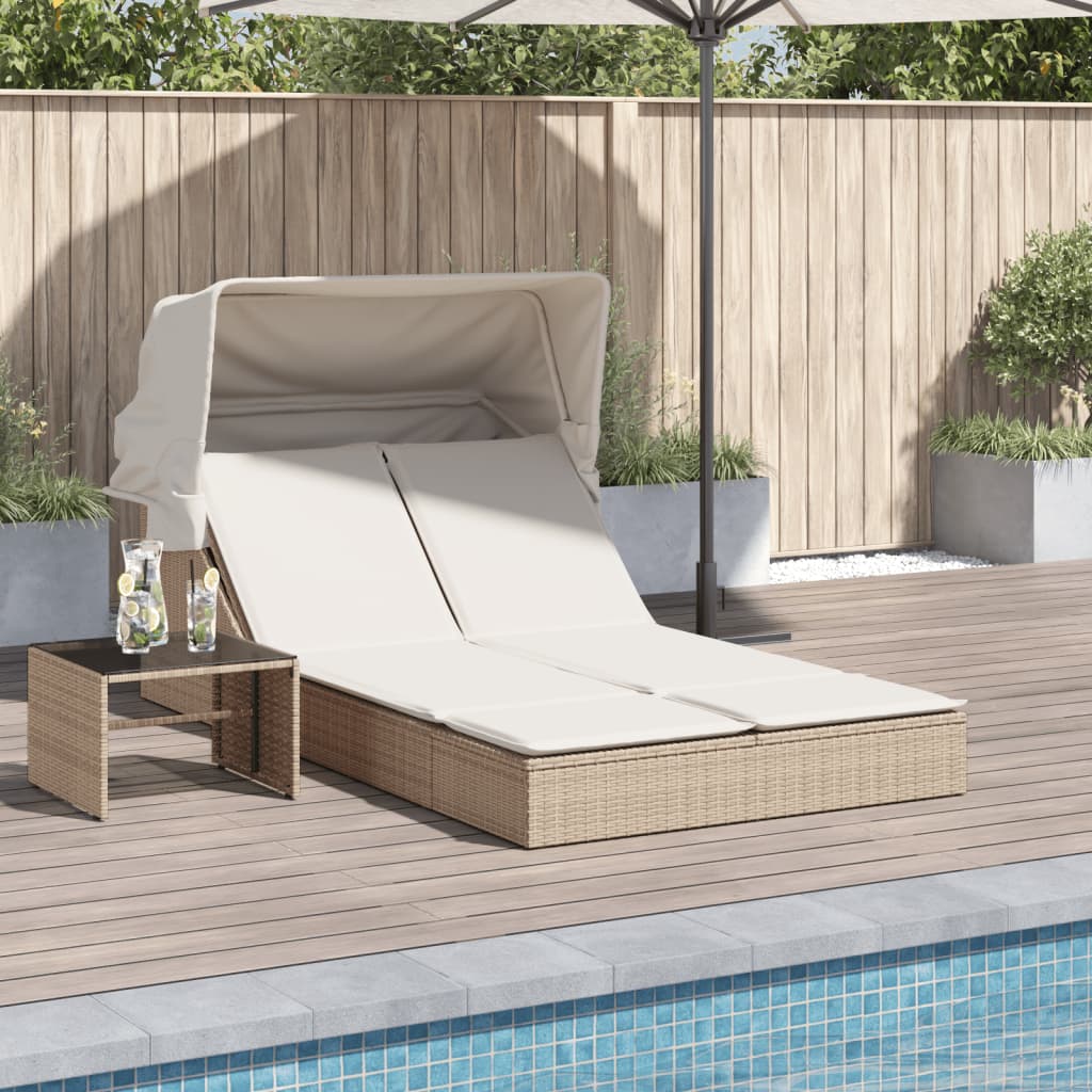 Doppel-Sonnenliege mit Dach und Auflagen Beige Poly Rattan