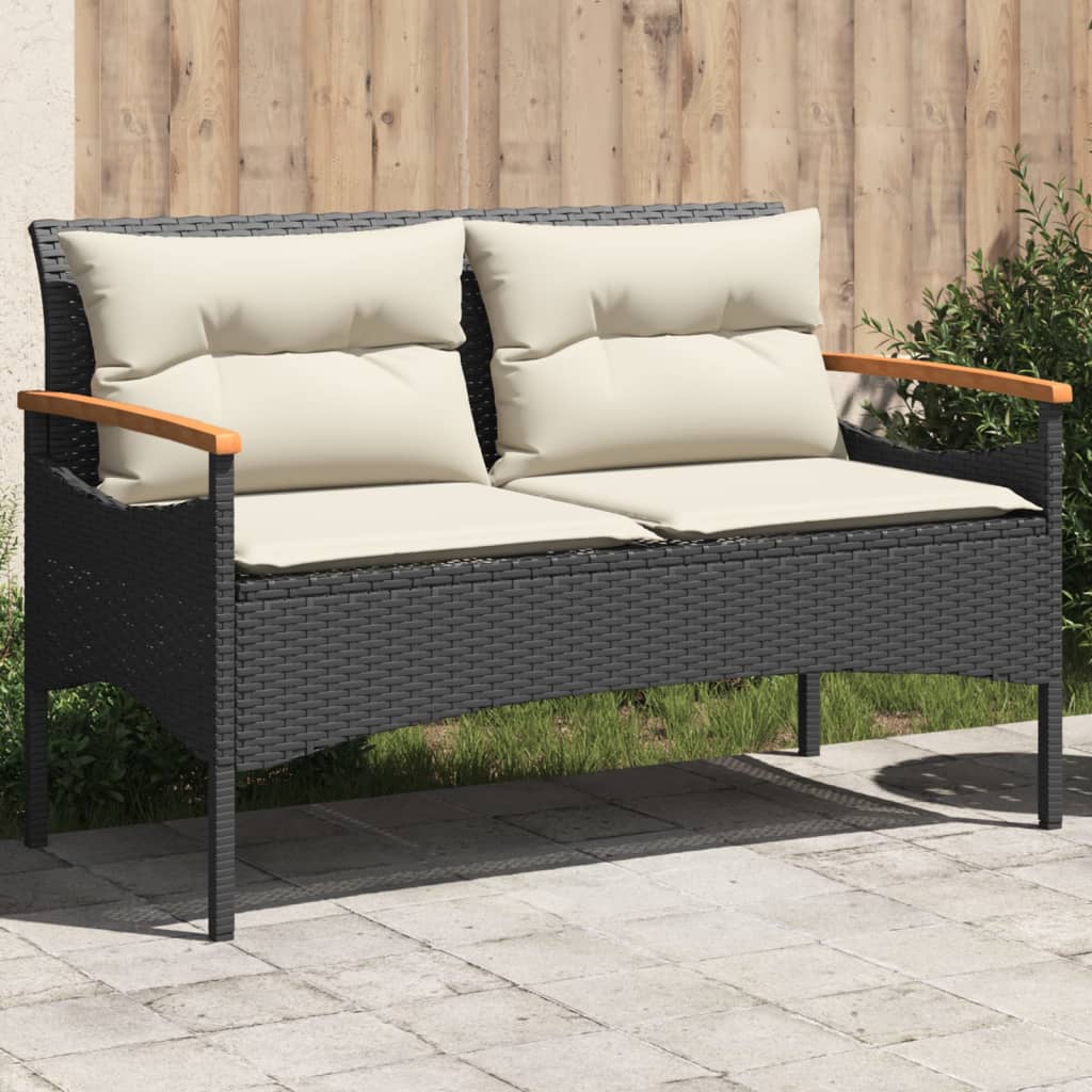 Gartenbank mit Kissen 116x62,5x74 cm Schwarz Poly Rattan