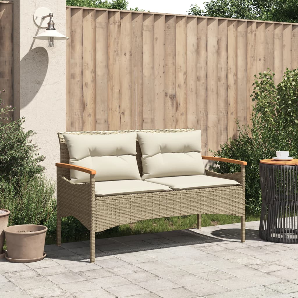 Gartenbank mit Kissen 116x62,5x74 cm Beige Poly Rattan