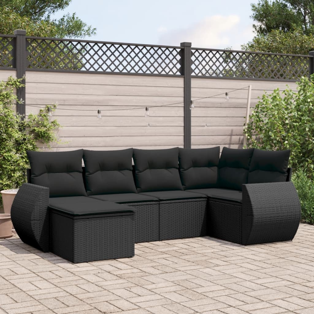 6-tlg. Garten-Sofagarnitur mit Kissen Schwarz Poly Rattan