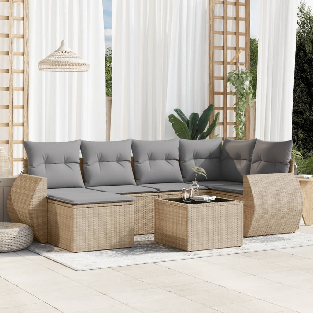 7-tlg. Garten-Sofagarnitur mit Kissen Beige Poly Rattan