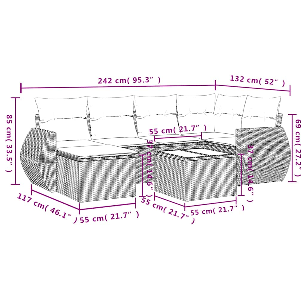 7-tlg. Garten-Sofagarnitur mit Kissen Hellgrau Poly Rattan