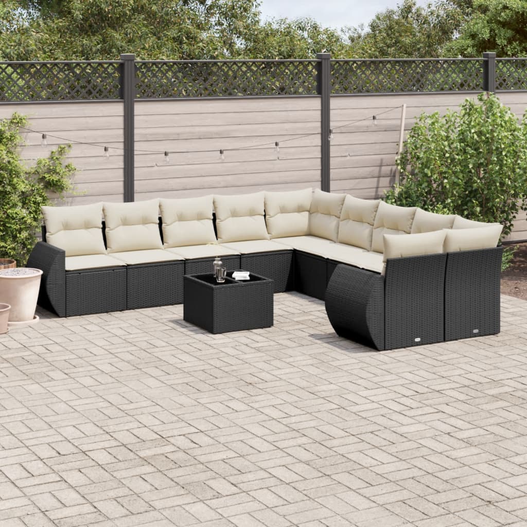 11-tlg. Garten-Sofagarnitur mit Kissen Schwarz Poly Rattan