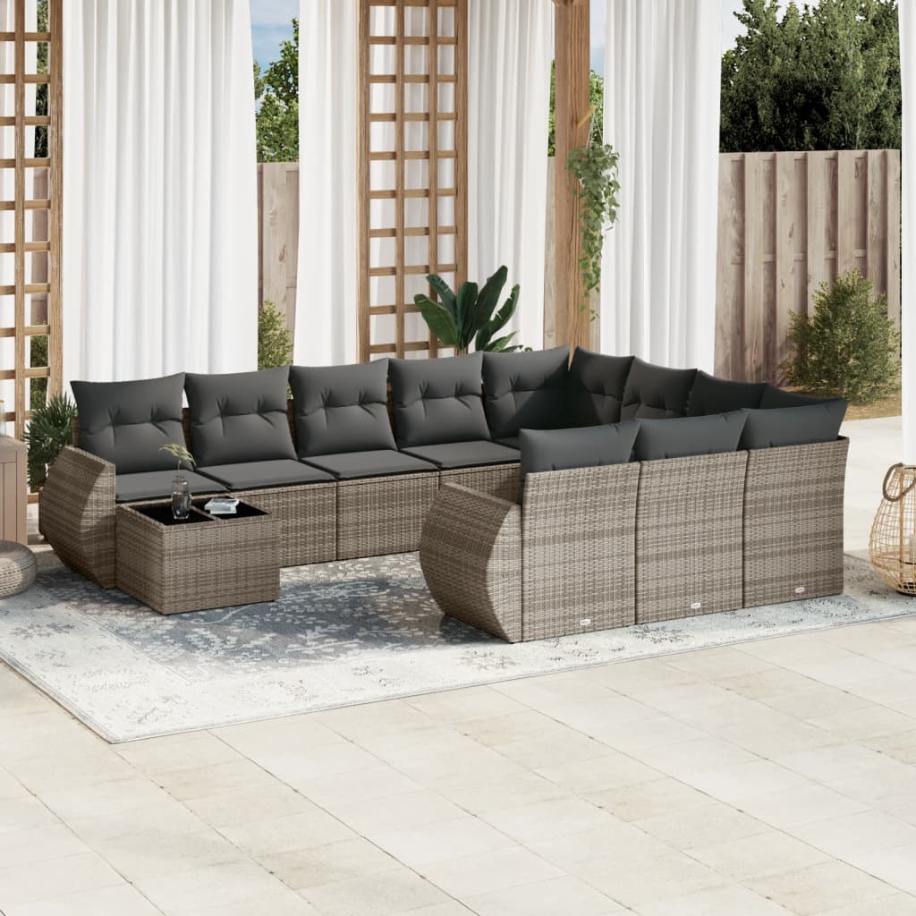 11-tlg. Garten-Sofagarnitur mit Kissen Grau Poly Rattan