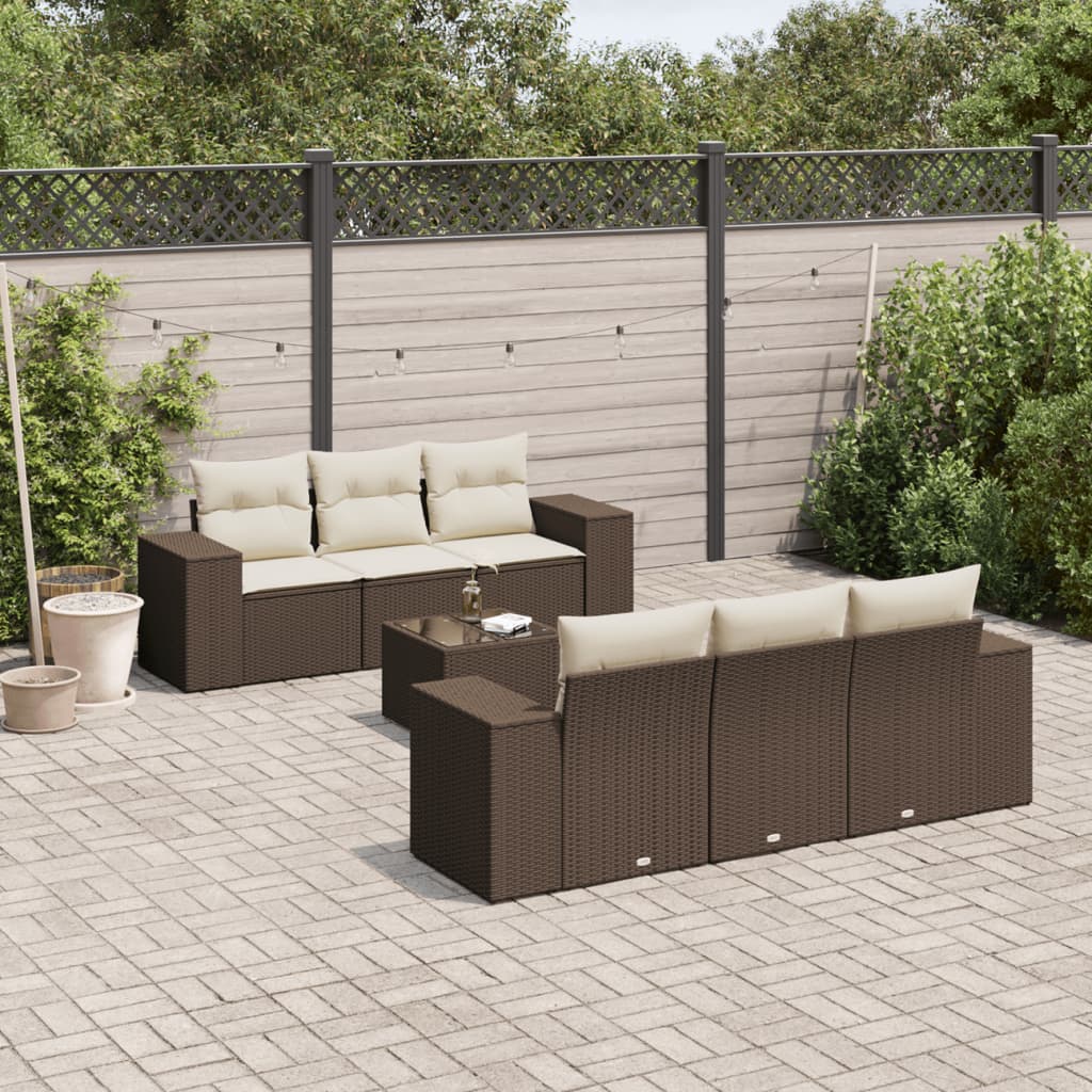 7-tlg. Garten-Sofagarnitur mit Kissen Braun Poly Rattan