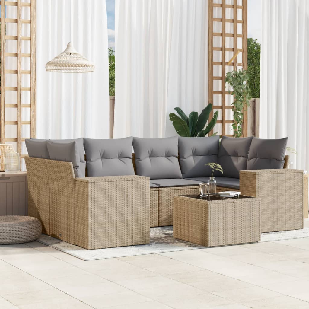 7-tlg. Garten-Sofagarnitur mit Kissen Beige Poly Rattan