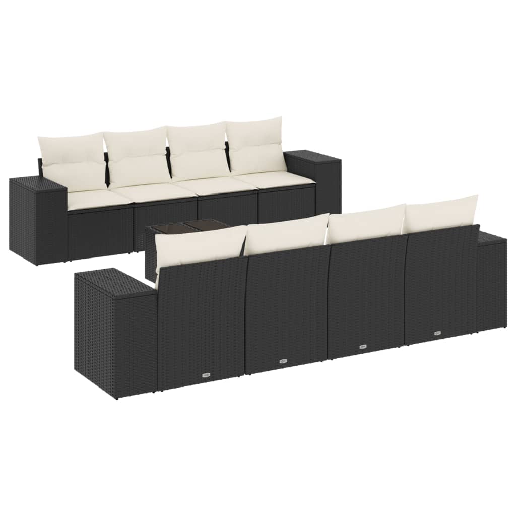 9-tlg. Garten-Sofagarnitur mit Kissen Schwarz Poly Rattan