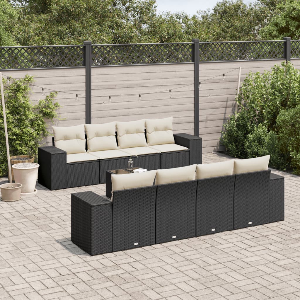 9-tlg. Garten-Sofagarnitur mit Kissen Schwarz Poly Rattan