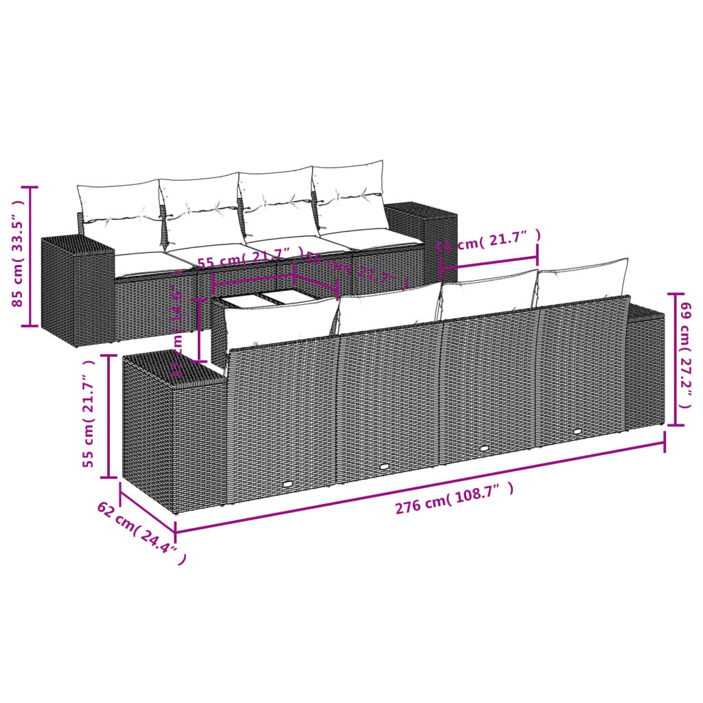 9-tlg. Garten-Sofagarnitur mit Kissen Grau Poly Rattan