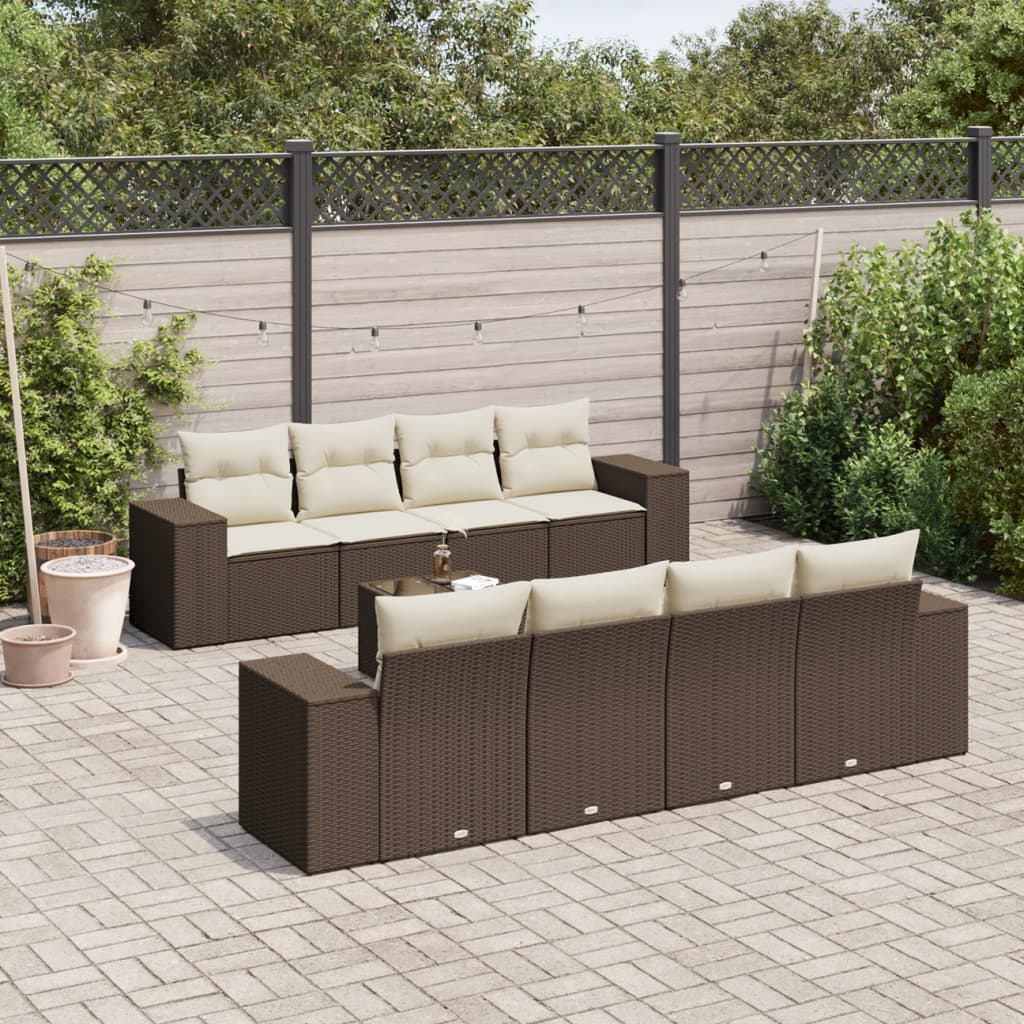 9-tlg. Garten-Sofagarnitur mit Kissen Braun Poly Rattan