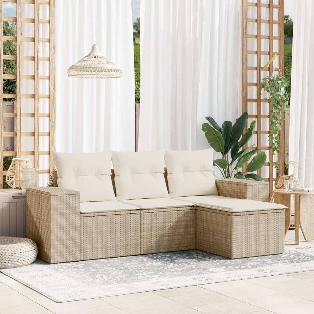 4-tlg. Garten-Sofagarnitur mit Kissen Beige Poly Rattan