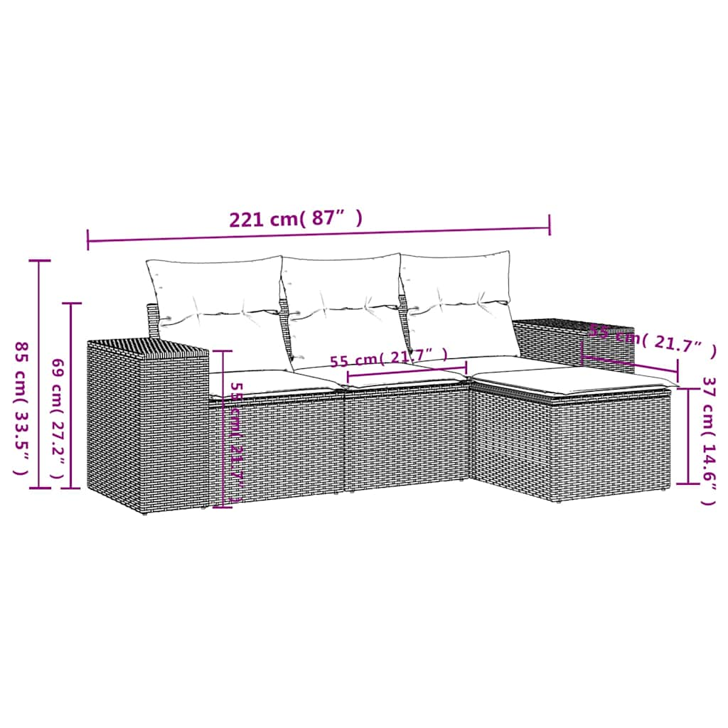 4-tlg. Garten-Sofagarnitur mit Kissen Hellgrau Poly Rattan