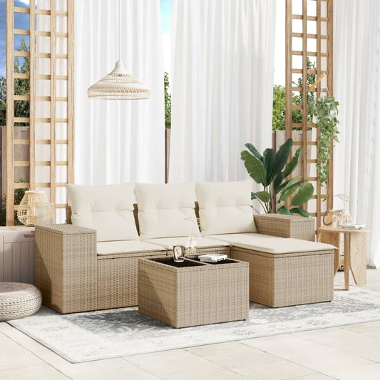 5-tlg. Garten-Sofagarnitur mit Kissen Beige Poly Rattan