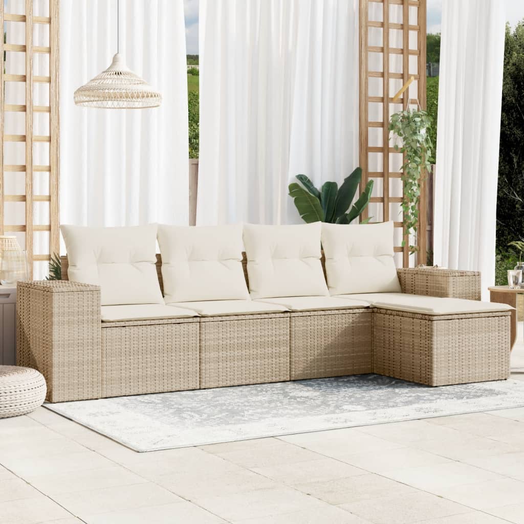 5-tlg. Garten-Sofagarnitur mit Kissen Beige Poly Rattan