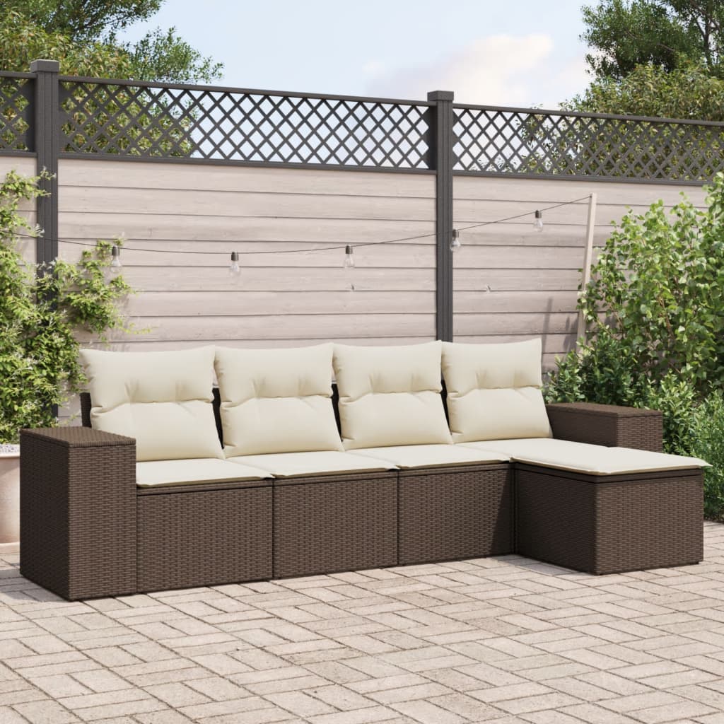 5-tlg. Garten-Sofagarnitur mit Kissen Braun Poly Rattan