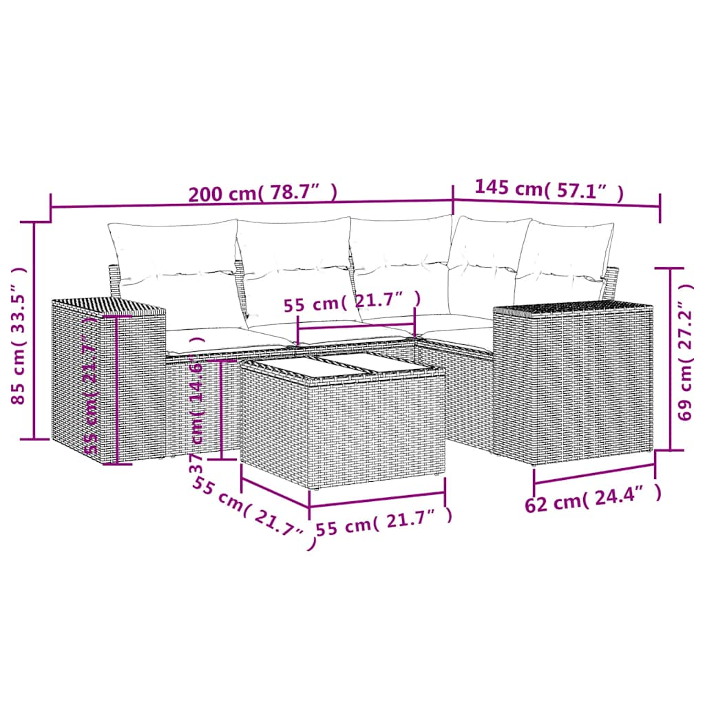 5-tlg. Garten-Sofagarnitur mit Kissen Hellgrau Poly Rattan