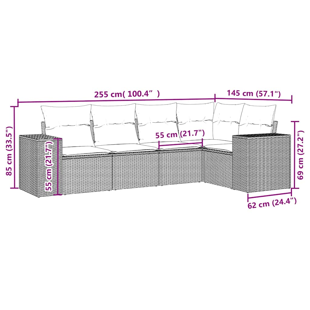 5-tlg. Garten-Sofagarnitur mit Kissen Hellgrau Poly Rattan