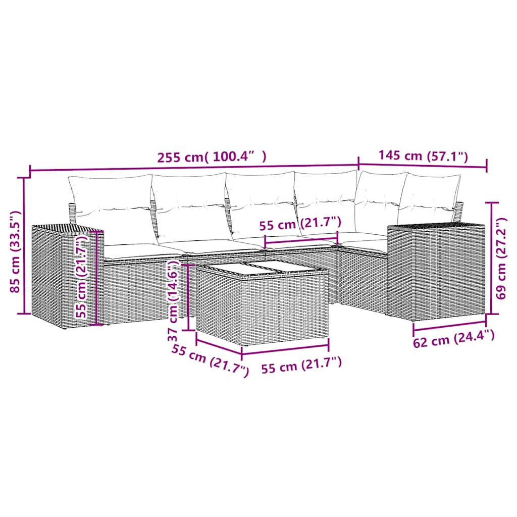 6-tlg. Garten-Sofagarnitur mit Kissen Hellgrau Poly Rattan