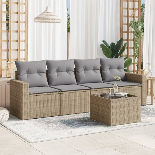 5-tlg. Garten-Sofagarnitur mit Kissen Beige Poly Rattan