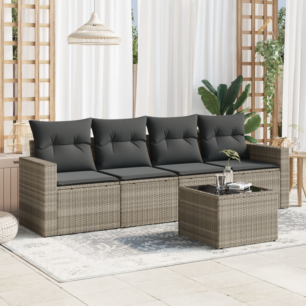 5-tlg. Garten-Sofagarnitur mit Kissen Hellgrau Poly Rattan