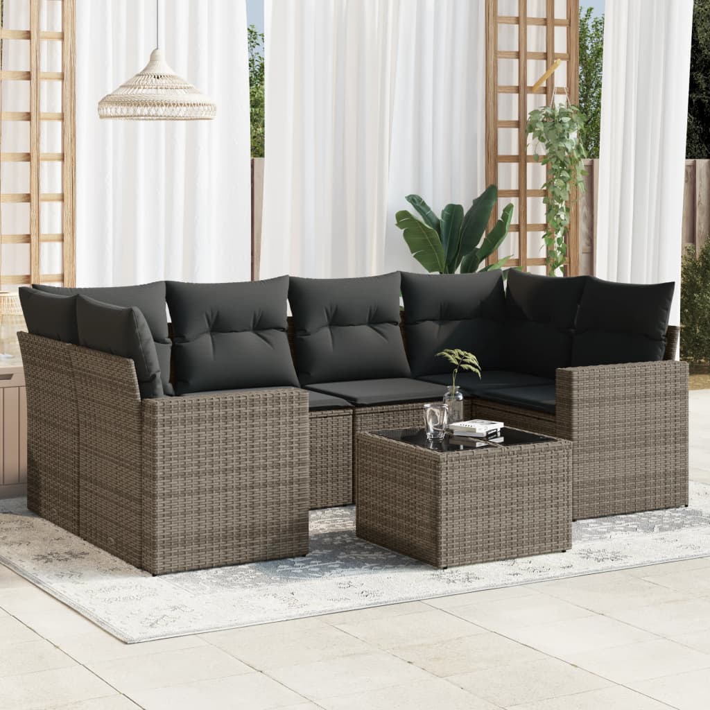 7-tlg. Garten-Sofagarnitur mit Kissen Grau Poly Rattan