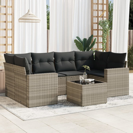 7-tlg. Garten-Sofagarnitur mit Kissen Hellgrau Poly Rattan