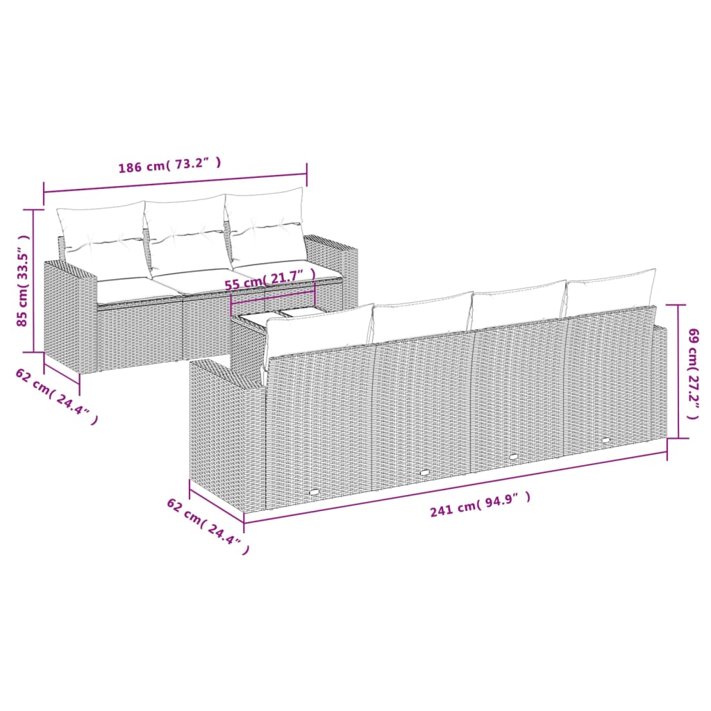 8-tlg. Garten-Sofagarnitur mit Kissen Braun Poly Rattan