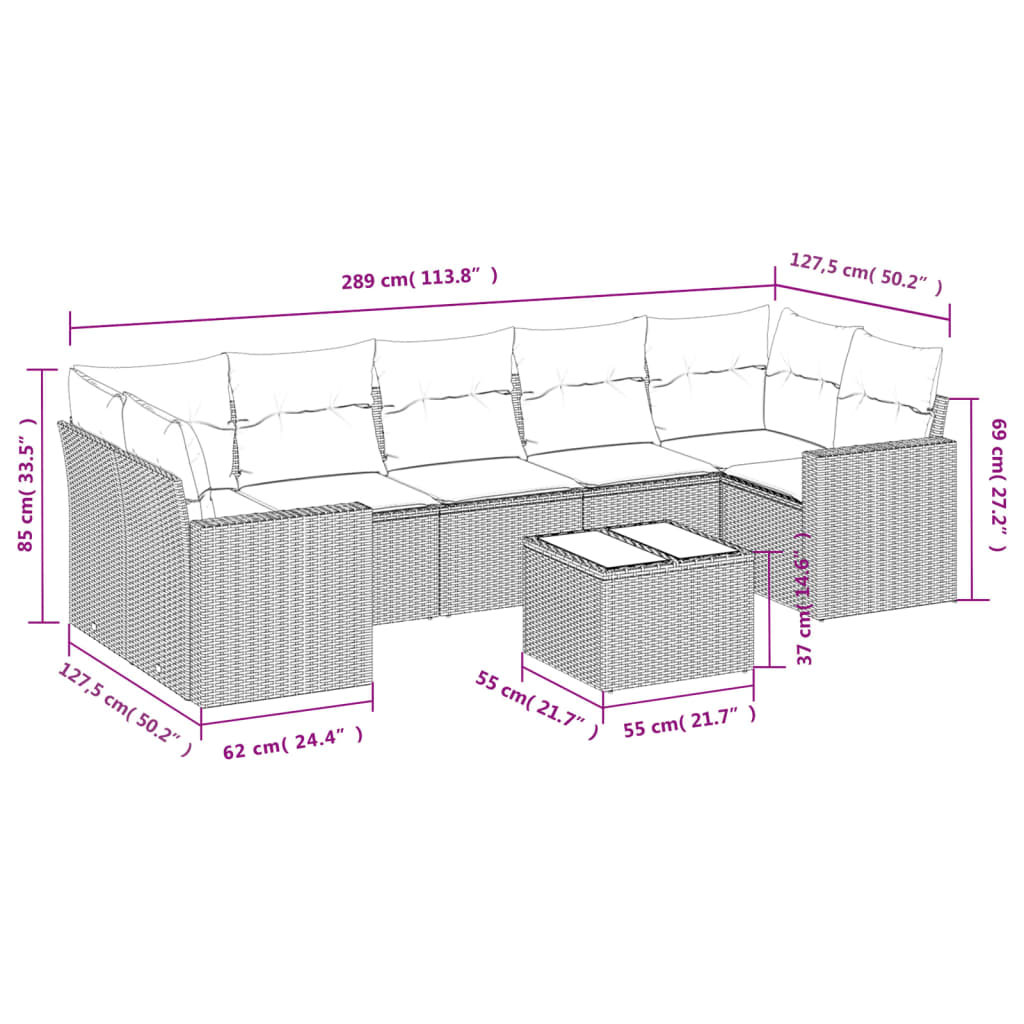 8-tlg. Garten-Sofagarnitur mit Kissen Hellgrau Poly Rattan