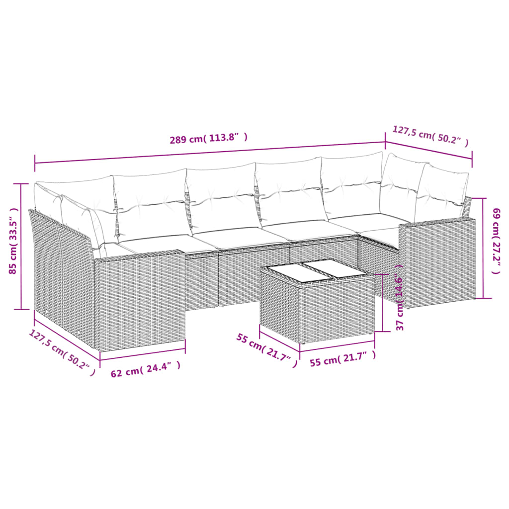 8-tlg. Garten-Sofagarnitur mit Kissen Braun Poly Rattan