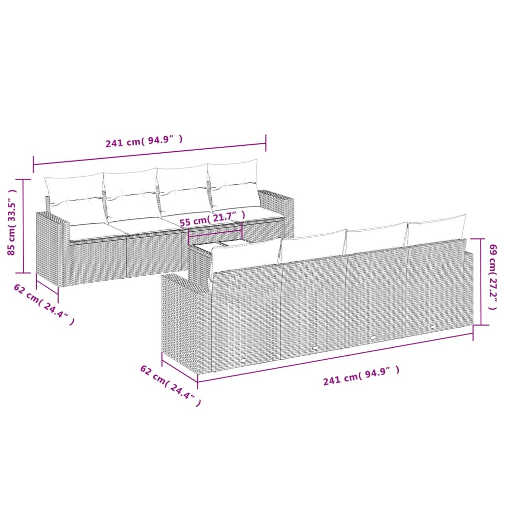 9-tlg. Garten-Sofagarnitur mit Kissen Beige Poly Rattan