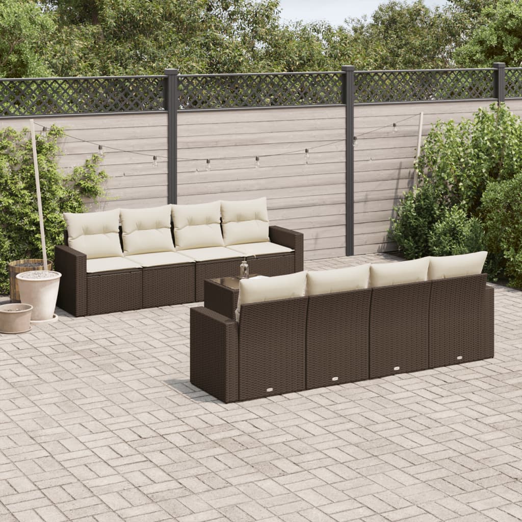 9-tlg. Garten-Sofagarnitur mit Kissen Braun Poly Rattan