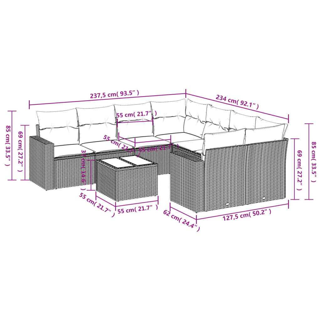 9-tlg. Garten-Sofagarnitur mit Kissen Schwarz Poly Rattan