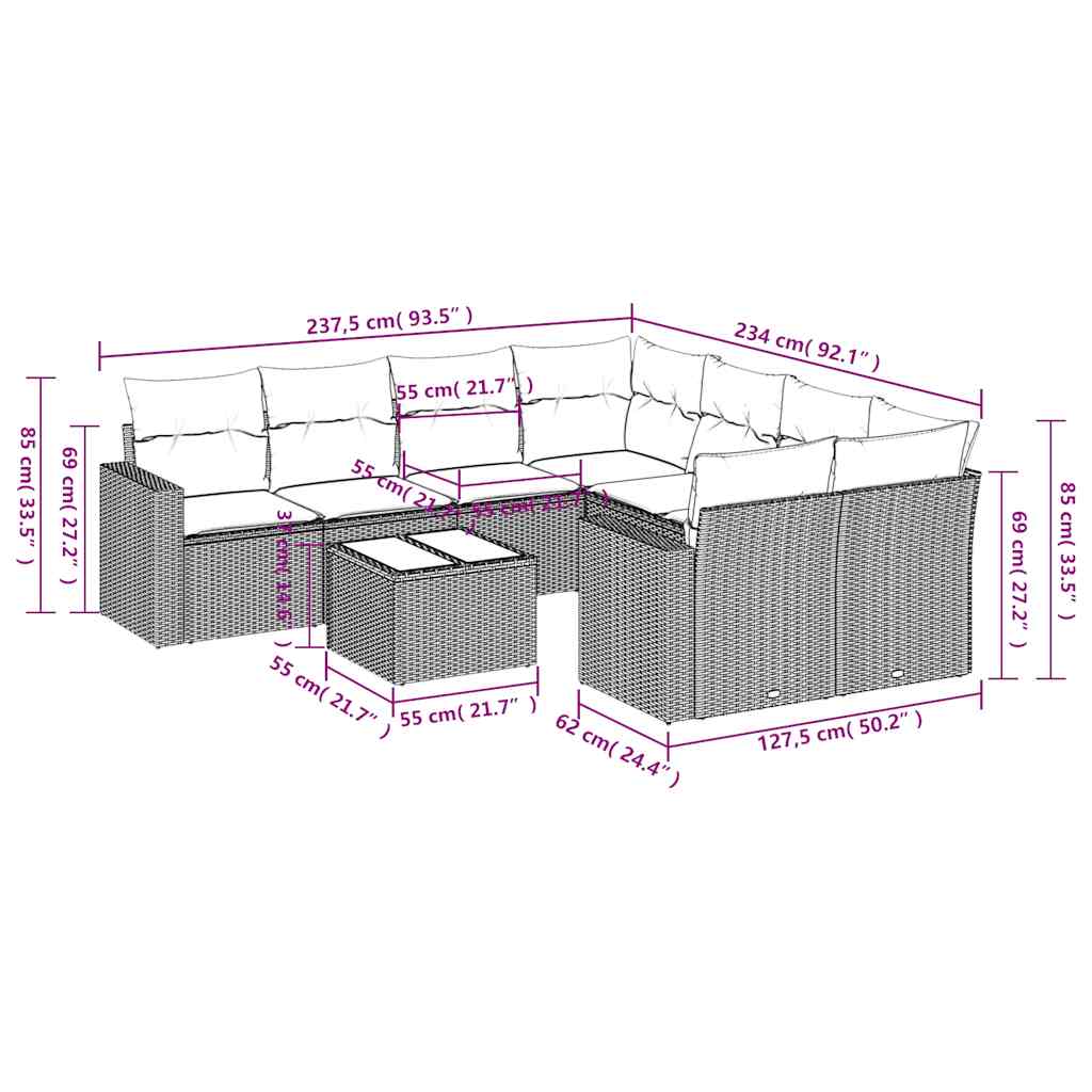 9-tlg. Garten-Sofagarnitur mit Kissen Braun Poly Rattan