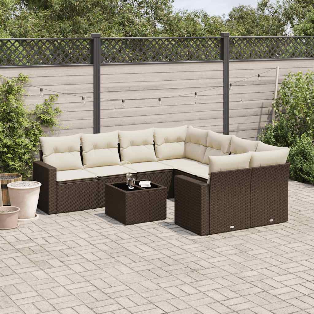 9-tlg. Garten-Sofagarnitur mit Kissen Braun Poly Rattan